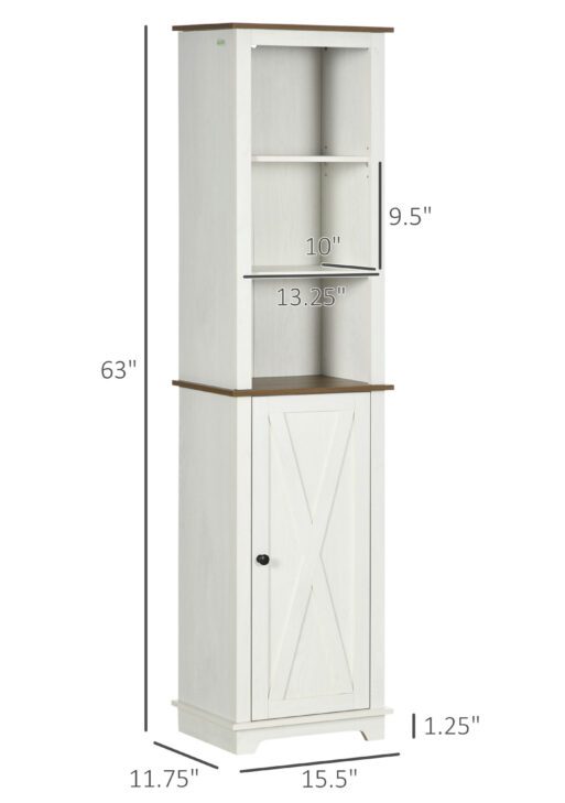 Farmhouse Bathroom Cabinet, Tall Storage Cabinet with Door and Adjustable Shelves, 15.5" x 11.75" x 63", White