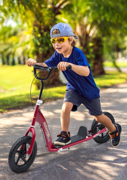 Kick Scooter for Kids 5-12 Years Old with Adjustable Height Handlebar, Non-slip Footplate, Big Wheels, Rear Brake, Red