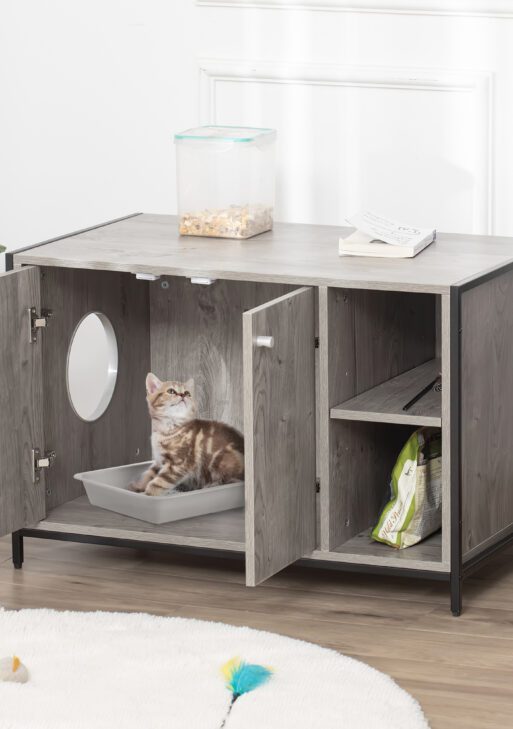 Large Wooden & Steel Cat Litter Box Enclosure, Kitten Washroom End Table, Indoor Hidden Cat House with Magnetic Doors & Storage Shelves, Gray