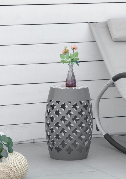 12" Patio Round Side Table, Outdoor Footstool, Garden Mosaic Accent Side Table, Plant Stand, Gray