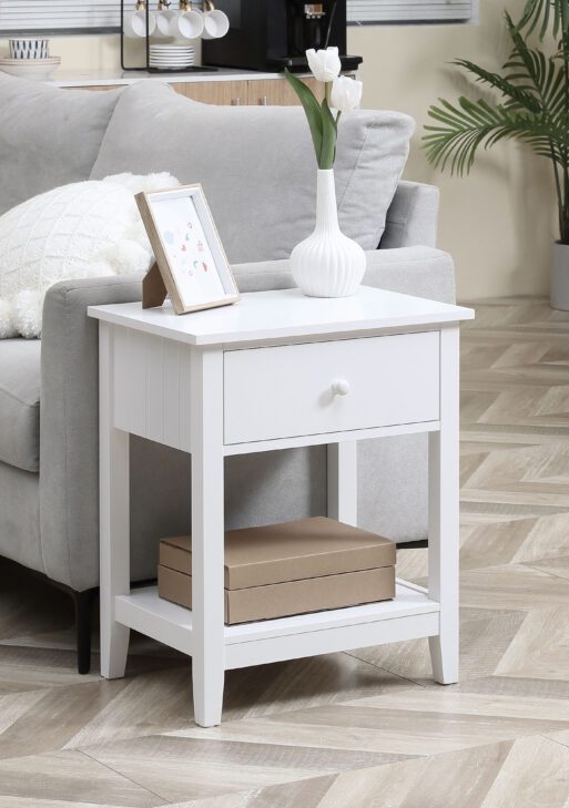 End Table, 2-tier Side Table with Drawer and Storage Shelf, Modern Side Table for Living Room, White