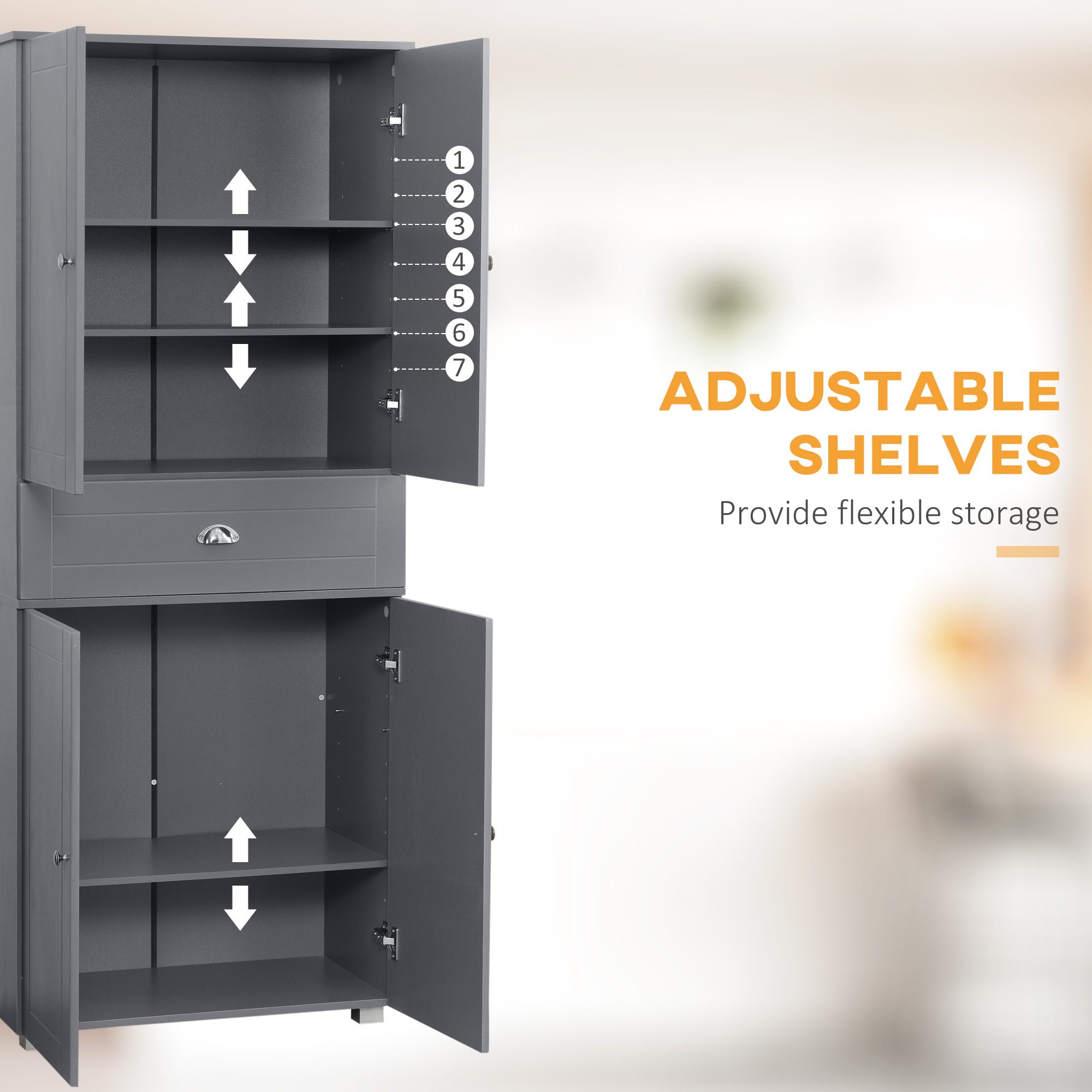 72" Freestanding Kitchen Pantry Cabinet, Tall Storage Cabinet with 4 Doors, Drawer and Adjustable Shelves for Dining Room, Gray - Image 3