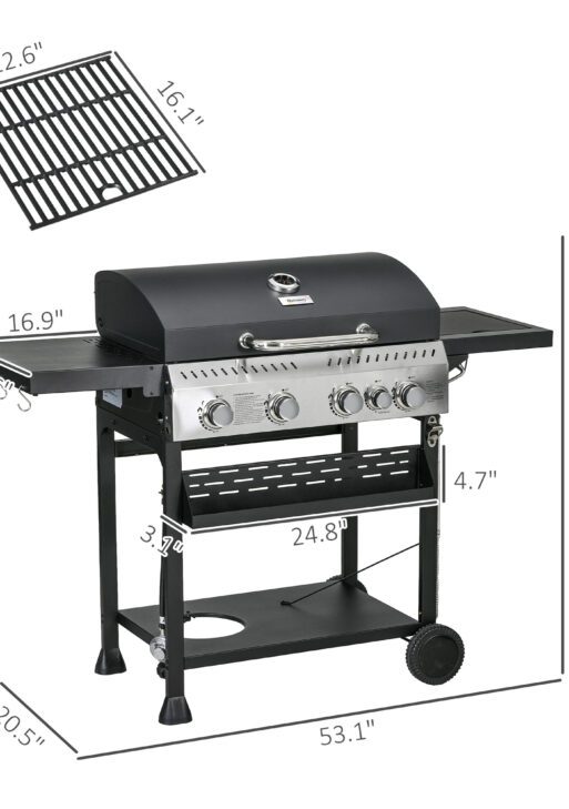 4 Burner Propane Gas Grill with Side Burner, 40,000 BTU Outdoor Barbeque with Shelves, Thermometer, Bottle Opener, Black