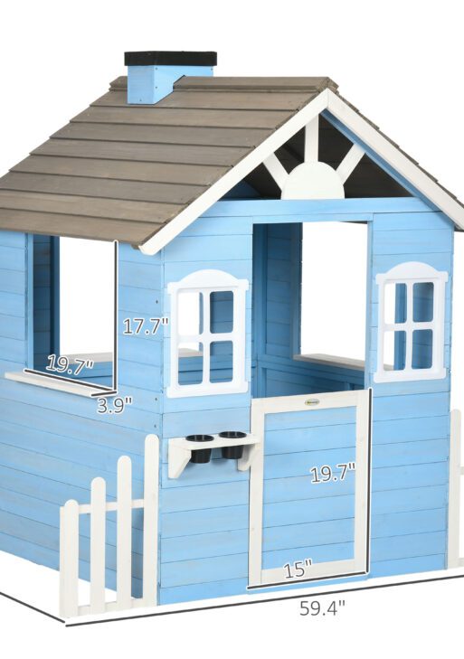 Wooden Playhouse for Kids Outdoor with Flower Pot Holders, Door, Windows, Service Stations for 3-7 Years, Blue