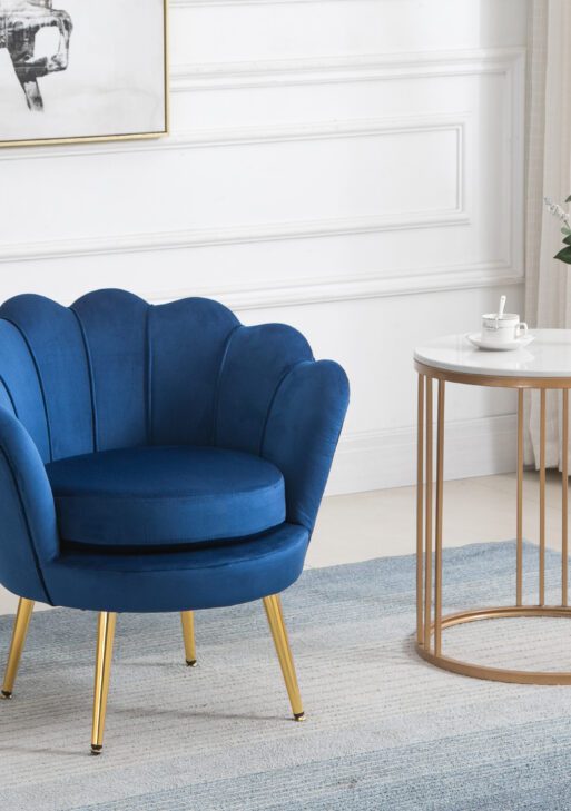 Velvet Armchair, Modern Accent Chair with Gold Metal Legs, Comfy Upholstered Barrel Chair for Living Room Bedroom Vanity Room, Blue