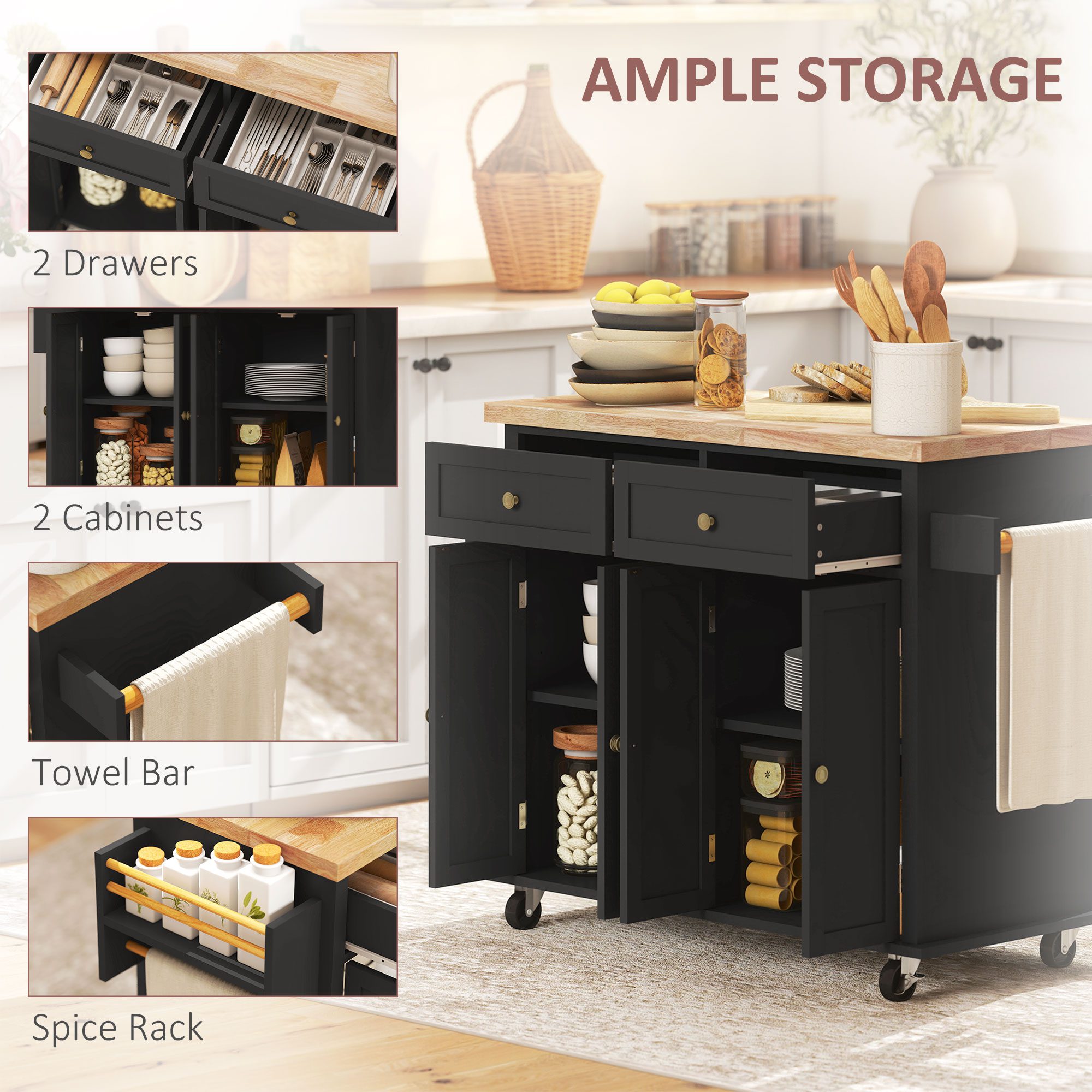 Kitchen Island Cart with Rubber Wood Top, Rolling Kitchen Island Table on Wheels with Drawers, Adjustable Shelves, Spice Rack and Towel Rack for Dining Room, Black - Image 4