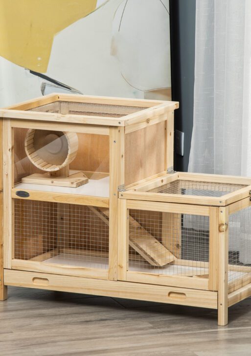 2-Tier Wooden Hamster Cage, Small Animals Hutch, w/ Seesaw, Tray