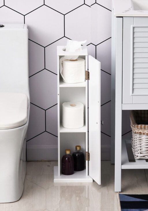 Small Toilet Paper Cabinet, Bathroom Corner Cabinet with Doors and Shelves for Paper Shampoo, White