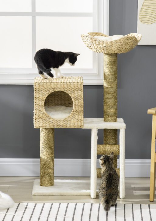 Cattail Weave Cat Tree for Indoor Cats Kitty Tower with Rattan Cat Condo, Wicker Bed, Ladder, Washable Cushions, 22.5" x 14.5" x 39.5", Natural