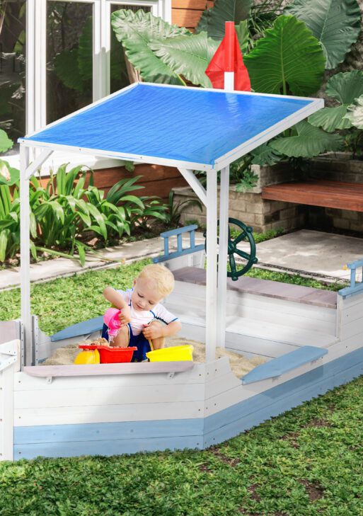 Kids Sandbox with Canopy, Pirate Ship Wooden Sand Boxes with Bench for Backyard, Sand Pit for Toddlers, 83" x 43", Blue