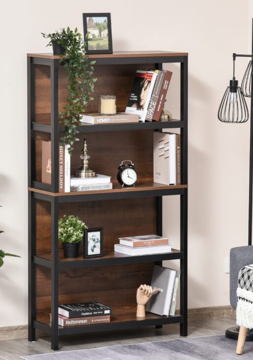 Shelves for Storage, 4 Tier Bookshelf Utility Organizer with Back Support and Anti-Topple Design, Walnut/Black