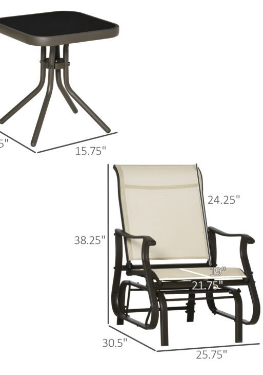 3-Piece Outdoor Gliders Set Bistro Set with Steel Frame, Tempered Glass Top Table for Patio, Garden, Backyard, Lawn, Beige