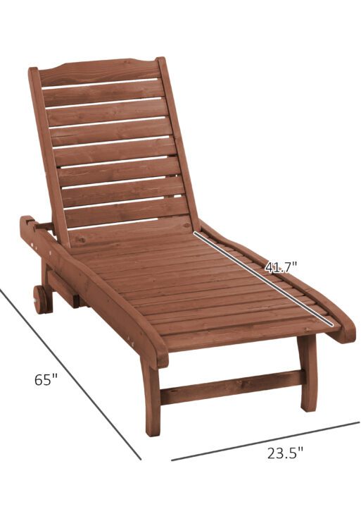 Chaise Lounge Chair Outdoor Wooden Pool Lounge Chair with 3-level Adjustable Backrest, Built-In Table and Rolling Wheels, Sun Tanning Chair for Beach Poolside Sunbathing, Brown Red