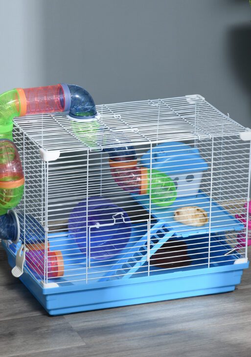 2-Level Hamster Cage Rodent Gerbil House Mouse Mice Rat Habitat Metal Wire with Exercise Wheel, Play Tubes, Water Bottle, Food Dishes, & Interior Ladder