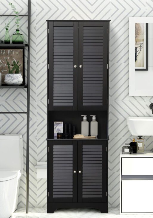 Tall Narrow Bathroom Storage Cabinet with Doors and Shelf Adjustability, Freestanding Linen Cabinet with 2 Cabinets and Countertop, Black