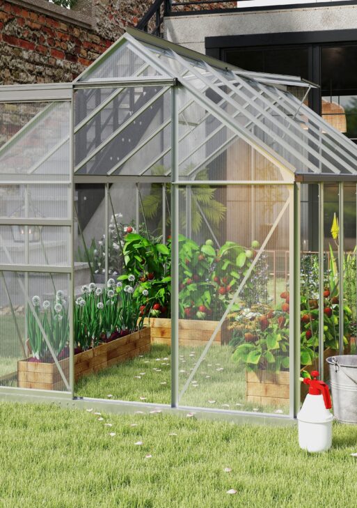 12' x 6' x 6.5' Polycarbonate Greenhouse with Aluminum Frame, Walk-in Heavy Duty Green House with Adjustable Roof Vent, Rain Gutter and Sliding Door for Winter, Silver