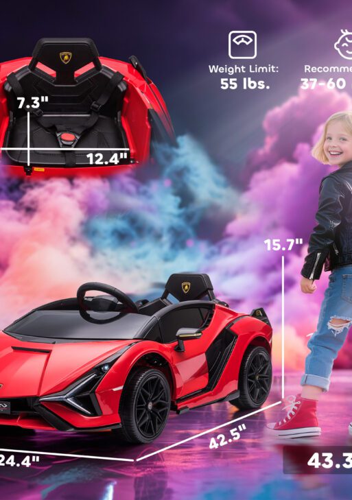 12V Lamborghini SIAN Licensed Electric Car for kids with Remote Control, Horn, Music, & Headlights, Red