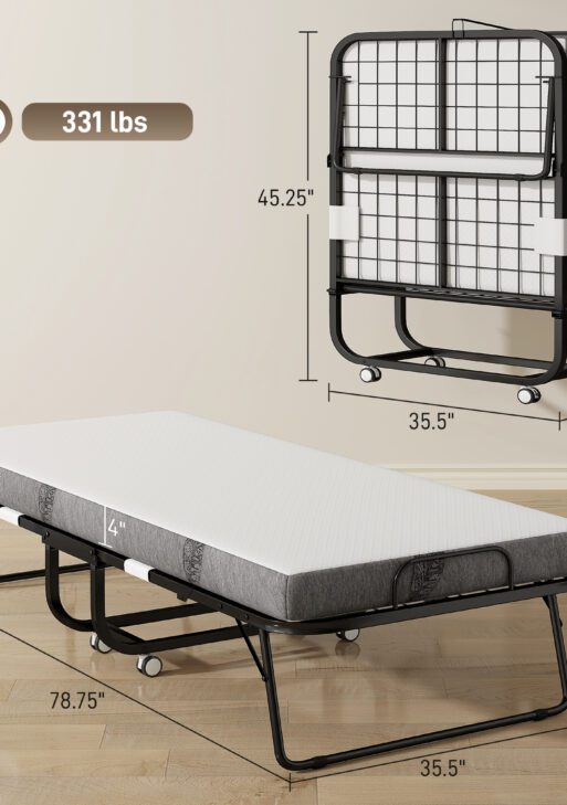 Folding Bed with Mattress for Adults, Twin Size, Portable Foldable Bed with Super Strong Steel Frame, 78.75" x 35.5", Fold Up, Roll Away & Hideaway, White