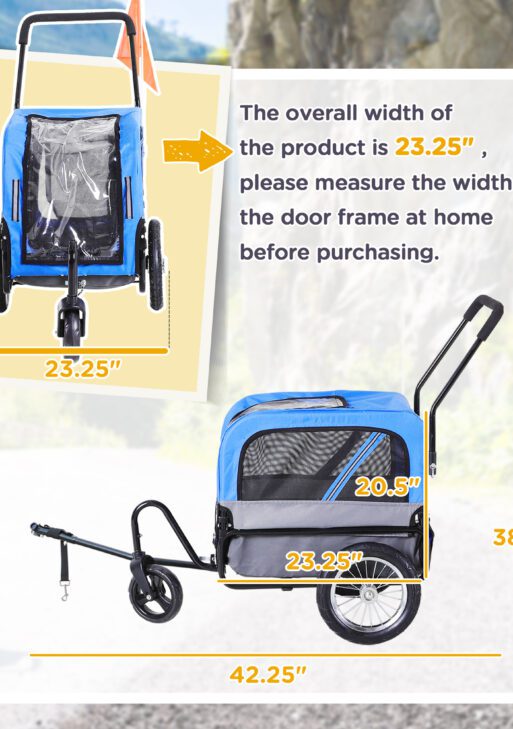 2-in-1 Small Dog Bike Trailer and Bike Stroller with Hitch, Bicycle Trailer Sidecar Bike Wagon Cart Carrier Attachment for Travel, Blue