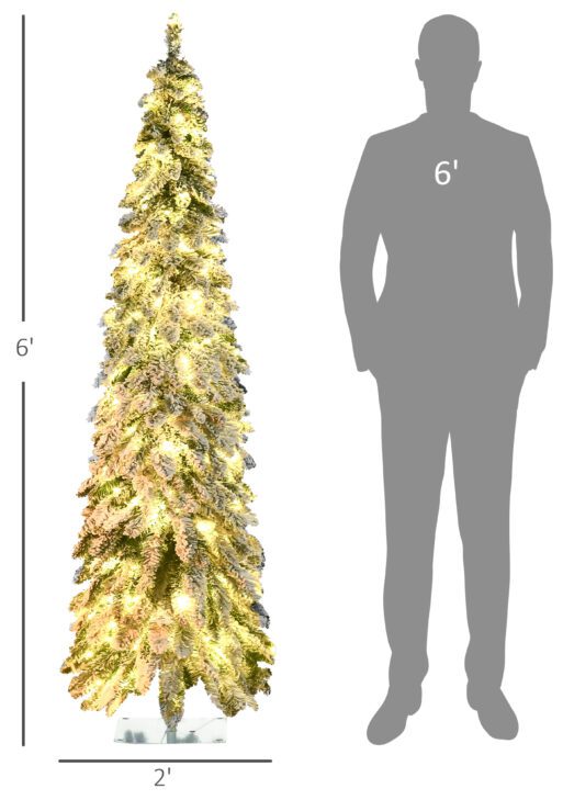 6' Artificial Slim Christmas Trees, with Snow Frosted Branches, Warm White or Colorful LED Lights, Downswept Shape