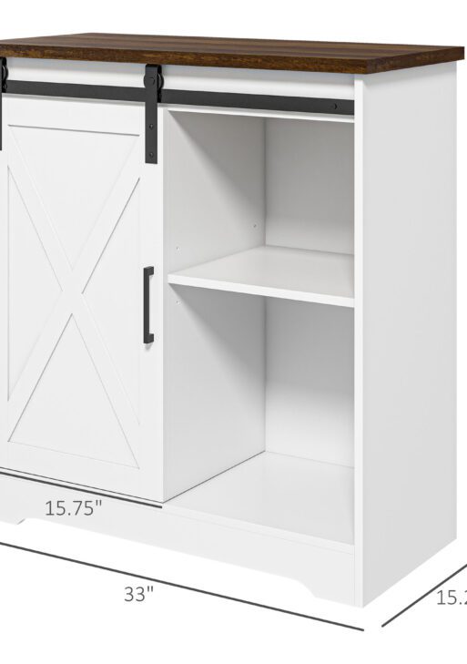 Farmhouse Kitchen Sideboard Buffet Cabinet Coffee Bar Cabinet with Sliding Barn Door and Adjustable Shelf White