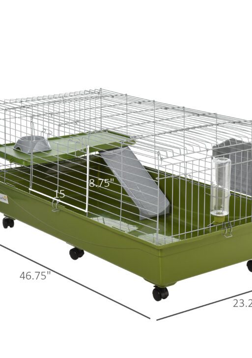 47" Small Animal Cage Chinchilla Guinea Pig Hutch Pet House with Platform Ramp, Food Dish, Wheels, & Water Bottle