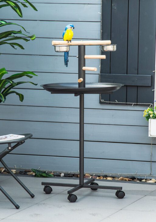 Portable Bird Play Stand, Parrot Perch Bird Feeder Station with Wheels, Stainless Steel Feeding Bowls, Tray, Gray