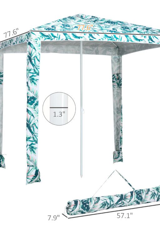 Quick Beach Cabana Canopy Umbrella, 6.5' Easy-Assembly Sun-Shade Shelter with Sandbags and Carry Bag, Cool UV50+ Fits Kids & Family, Green Coconut Palm