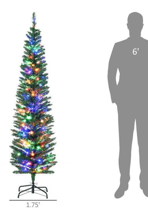 6' Artificial Pencil Christmas Trees Holiday Decoration with Colorful LED Lights, Steel Base, Skinny Shape