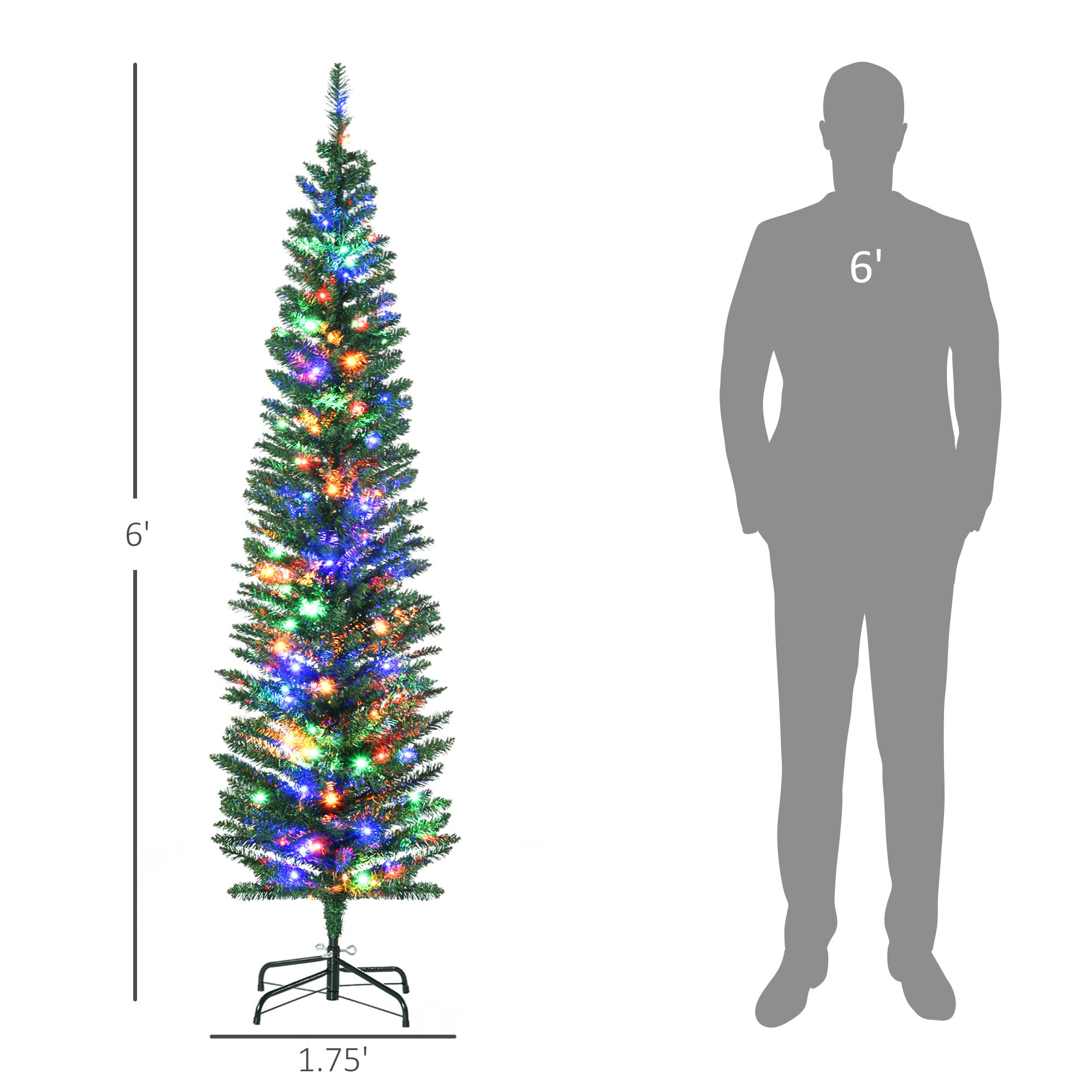 6' Artificial Pencil Christmas Trees Holiday Decoration with Colorful LED Lights, Steel Base, Skinny Shape - Image 1