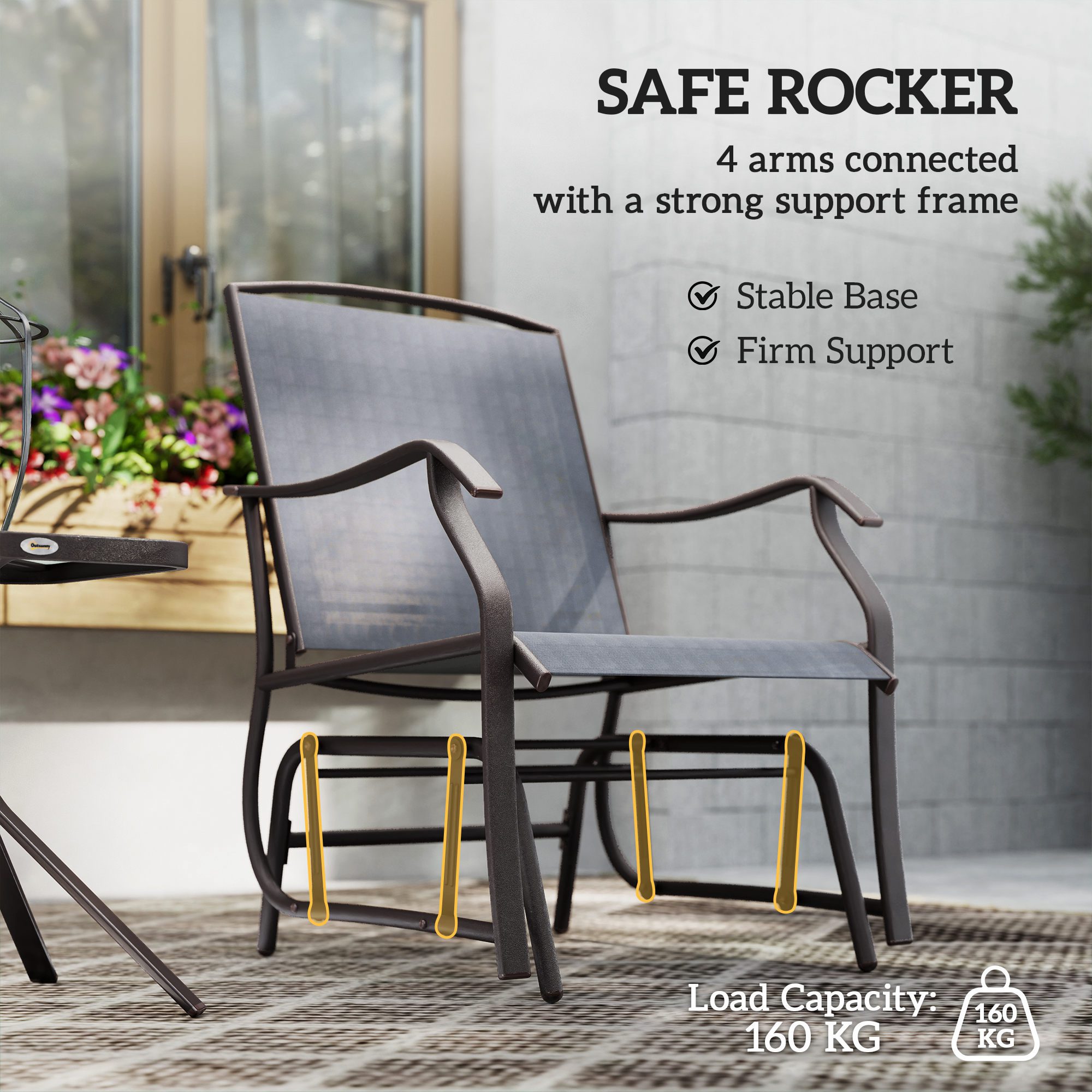 3 Piece Outdoor Glider Chair with Coffee Table Bistro Set, 2 Patio Rocking Swing Chairs with Breathable Sling Fabric, Glass Tabletop, for Backyard, Garden and Porch, Gray - Image 4