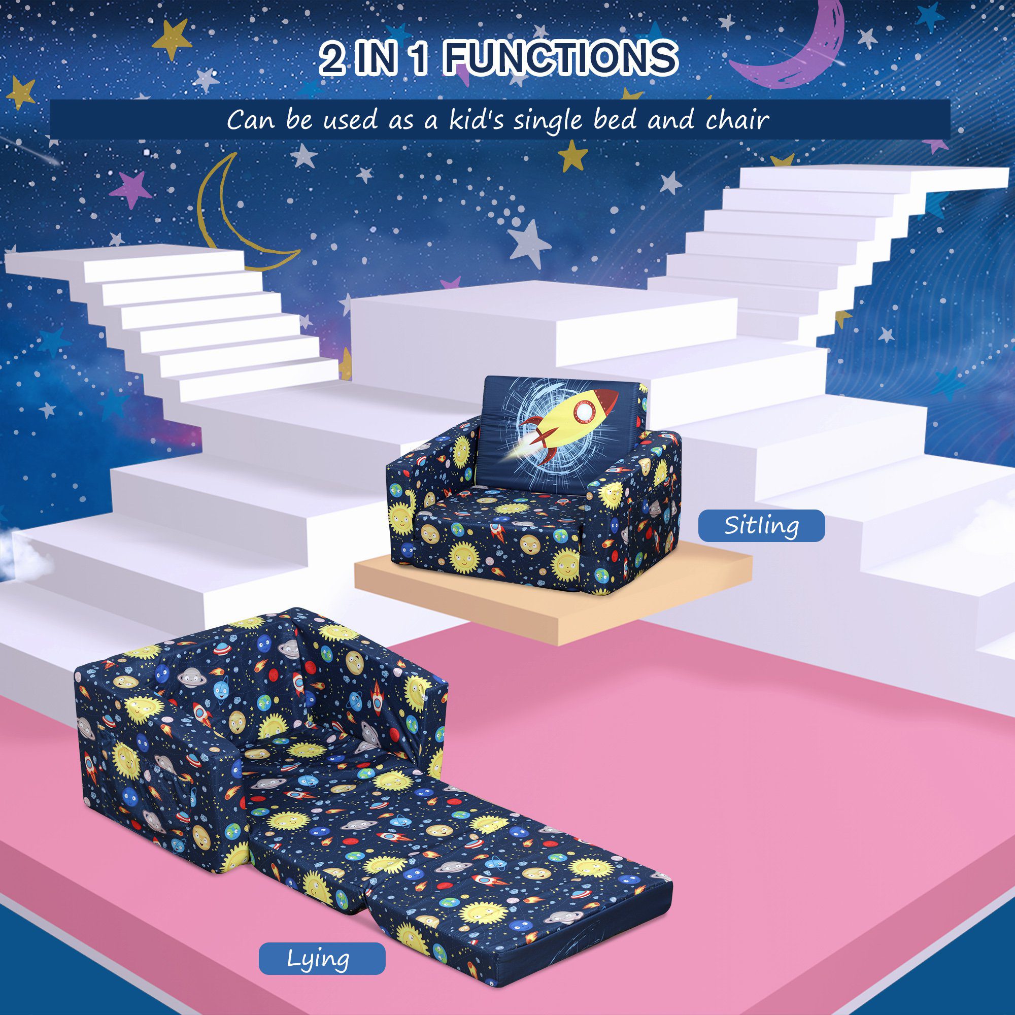 Kids Fold-Out Couch/Chair Lounger with Space-Themed Washable Fabric & Removable Cushion for 3-6 Years Old, Blue - Image 2