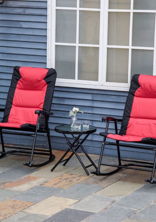 3 Piece Outdoor Patio Furniture Set with Glass Coffee Table & 2 Folding Padded Rocking Chairs, Bistro Style for Porch, Camping, Balcony, Red