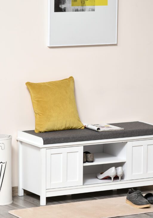 Entryway Shoe Bench Storage Ottoman with Sliding Doors, Adjustable Shelving, 6 Compartments, and Padded Seat, Holds 10 Pairs, White