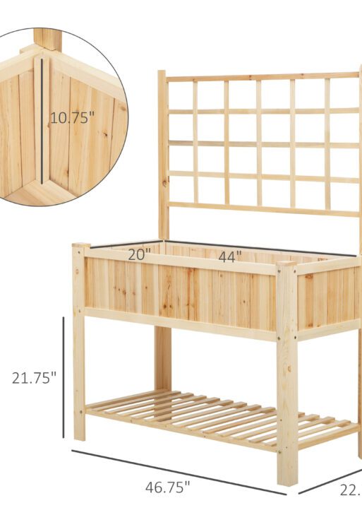 47'' Wooden Raised Garden Bed with Trellis, Coutryside Style Elevated Planter Box Stand with Open Storage Shelf, Spacious Planting Area for Vegetables, Herbs, Flowers