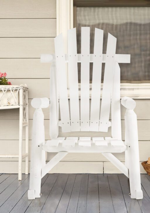Outdoor Wooden Rocking Chair, Single-Person Adirondack Rocking Patio Chair with Rustic High Back, Slatted Seat and Backrest for Indoor, Backyard, Garden, White