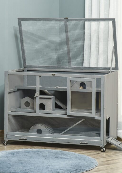 Wooden 3-Tier Hamster Cage Hutch Box with Ladder Wheels for Small Animals, Dark Gray