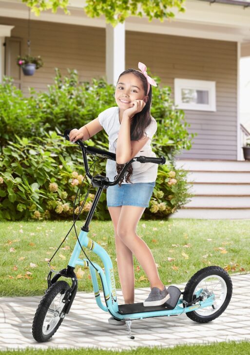 Youth Scooter Front and Rear Caliper Dual Brakes 12-Inch Inflatable Front Wheel Ride On Toy For Age 5+ - Blue