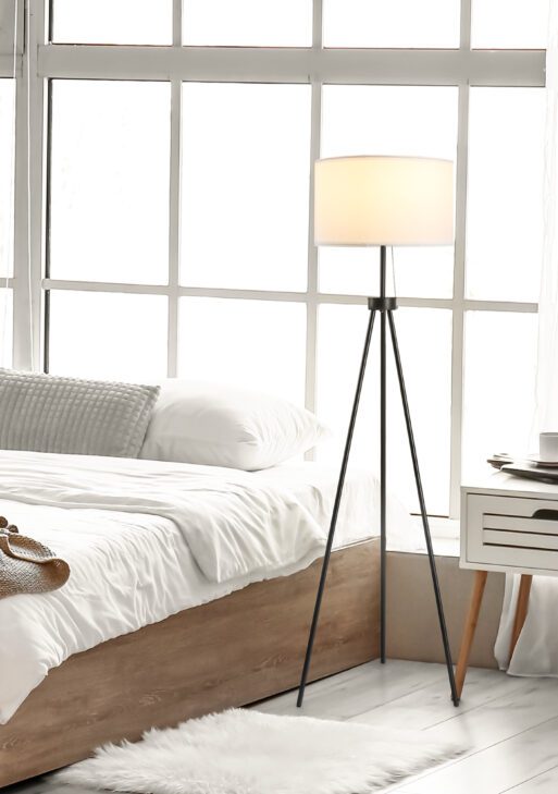 59.75" Tripod Floor Lamp with Pull Chain Standing, Fabric Lampshade E26 Lamp Holder Steel for Living Room, Bedroom, Office, Black