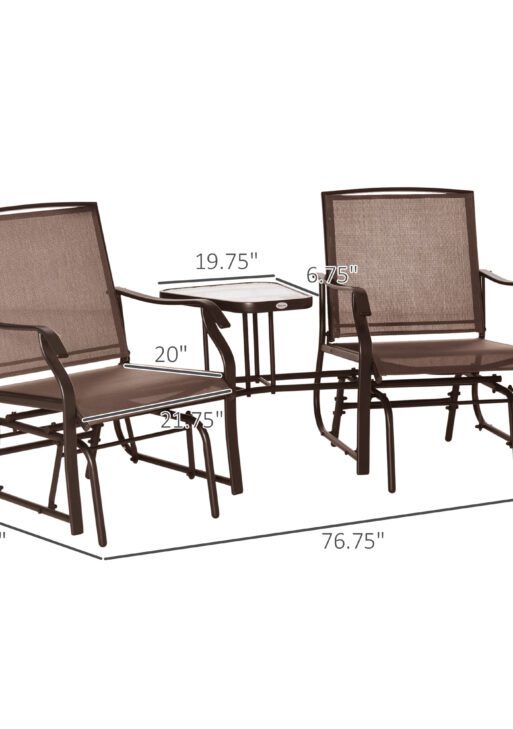 Outdoor Glider Chairs with Coffee Table, Patio 2-Seat Rocking Chair Swing Loveseat with Breathable Sling for Backyard, Garden, and Porch, Coffee Brown