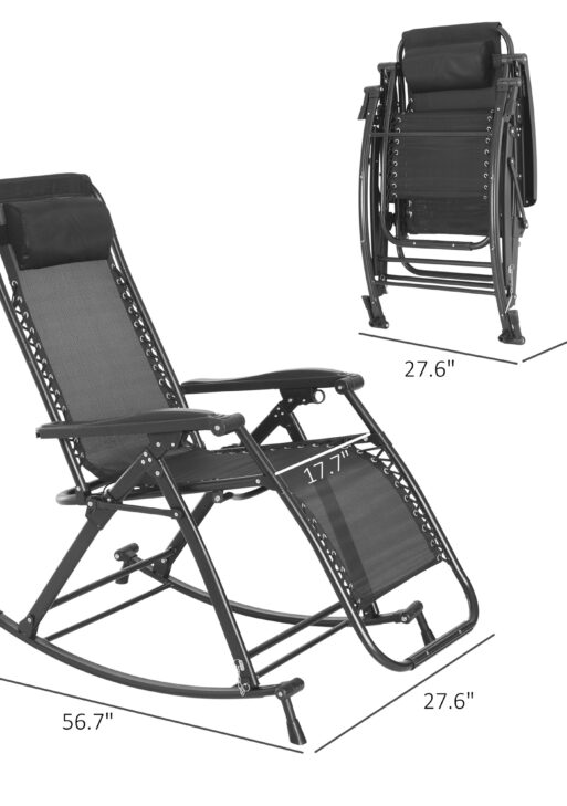 Outdoor Rocking Chairs, Foldable Reclining Zero Gravity Lounge Rocker with Pillow, Cup & Phone Holder, Combo Design with Folding Legs, Gray
