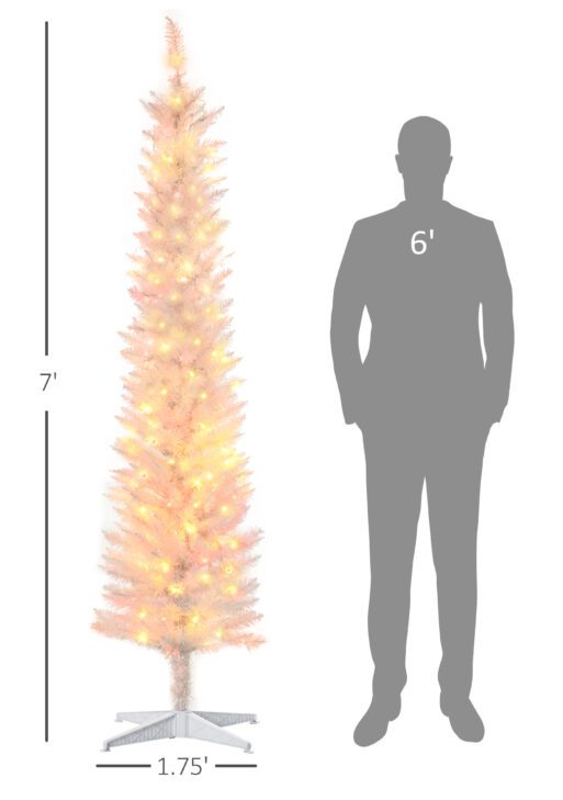 7' Prelit Christmas Trees, Pencil Artificial Christmas Tree with Colorful Surface Branches, Colorful LED Lights, White