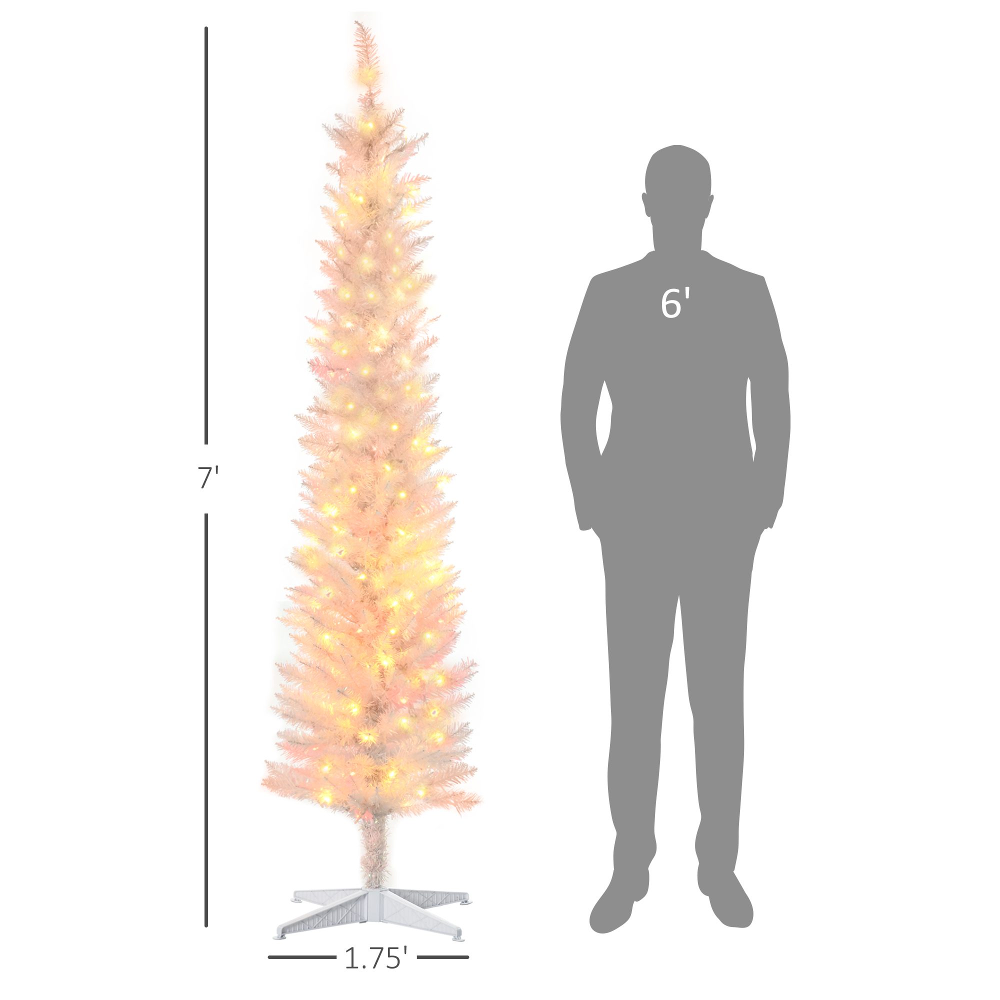 7' Prelit Christmas Trees, Pencil Artificial Christmas Tree with Colorful Surface Branches, Colorful LED Lights, White - Image 1