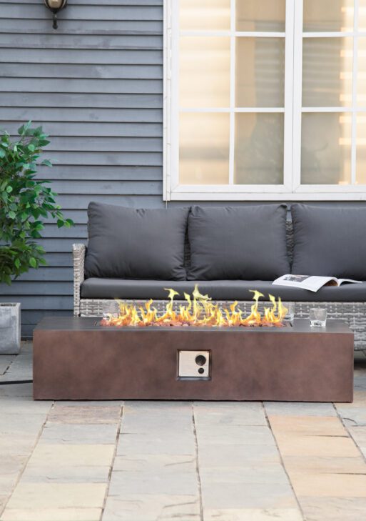 56" Firepit Table for Outside, 50,000 BTU Large Rectangular Stone Gas Firepit with Lava Rocks & Rain Cover, Fits 20lb Tank, Brown