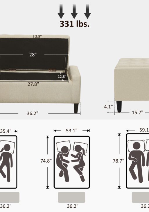 36" Ottoman with Storage, Storage Ottoman Bench with Lift Top and Rubberwood Legs, Linen Upholstered Entryway Bench with Seating for Living Room, Bedroom, Holds up to 330 lb, Beige