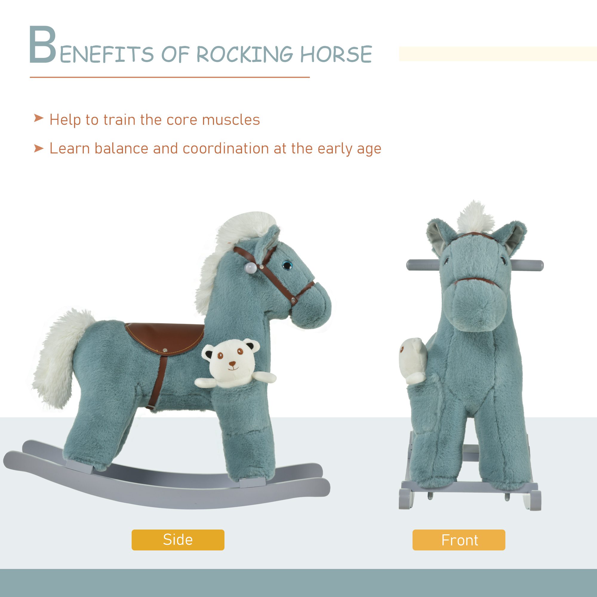 Qaba Kids Plush Ride-On Rocking Horse with Bear Toy, Children Chair with Soft Plush Toy & Fun Realistic Sounds, Blue - Image 3