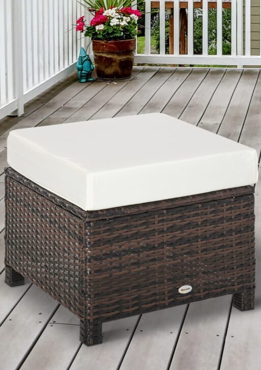 20" Patio Wicker Ottoman, Multipurpose Outdoor PE Rattan Footrest, Additional Seating, Side Table with Soft Cushion, Brown, White