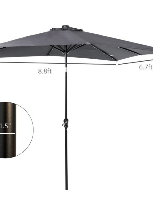 9' x 7' Solar Umbrella, LED Lighted Patio Umbrella for Table or Base with Tilt & Crank, Outdoor Umbrella for Garden, Deck, Backyard, Pool, Beach, Dark Gray