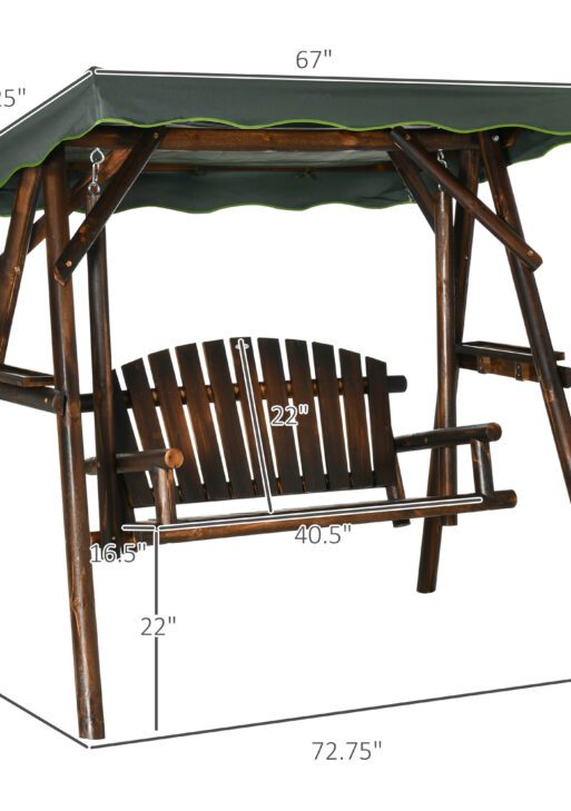 2-Person Patio Swing Chair, Outdoor Hanging Wooden Porch Bench Loveseat w/ Adjustable Canopy and Side Trays for Garden, Poolside, Backyard