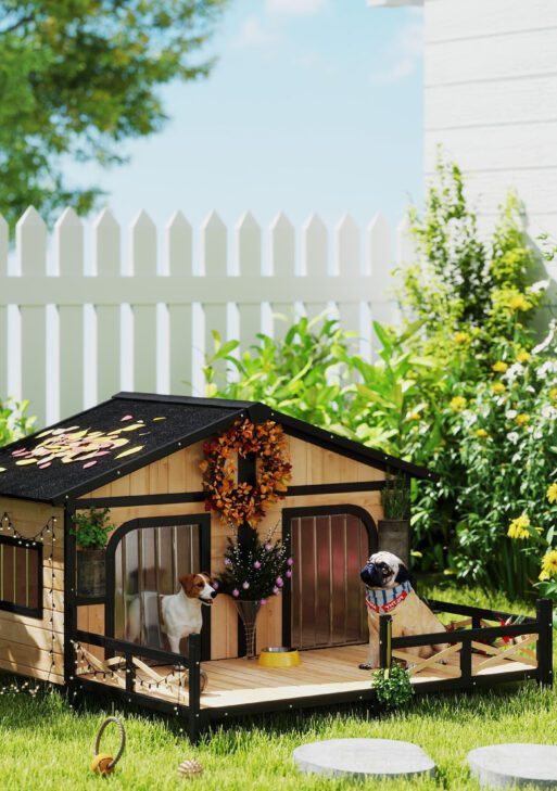 Dog House Outdoor, Wooden Dog Kennel Weatherproof with Porch, Openable Roof, Removable Bottom, Elevated Floor, Double Room for 2 Small to Medium Breeds, Natural